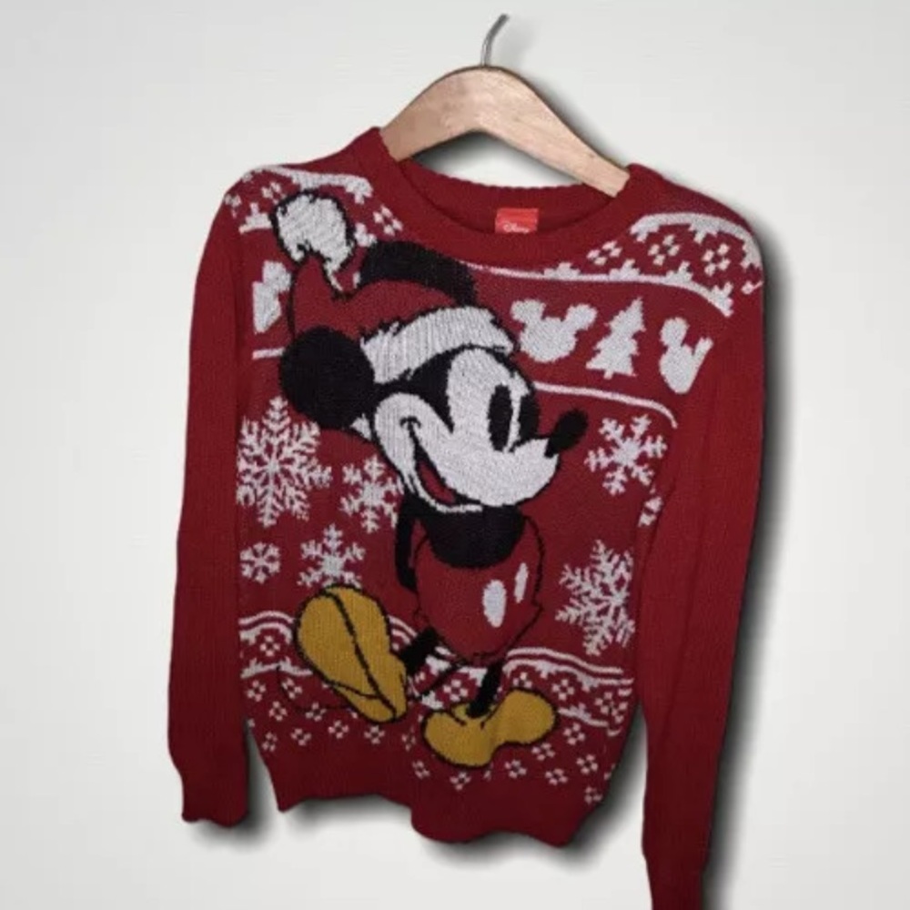 Disney Red Mickey Mouse Christmas Tree Sweater Wonderful World of Snowflake